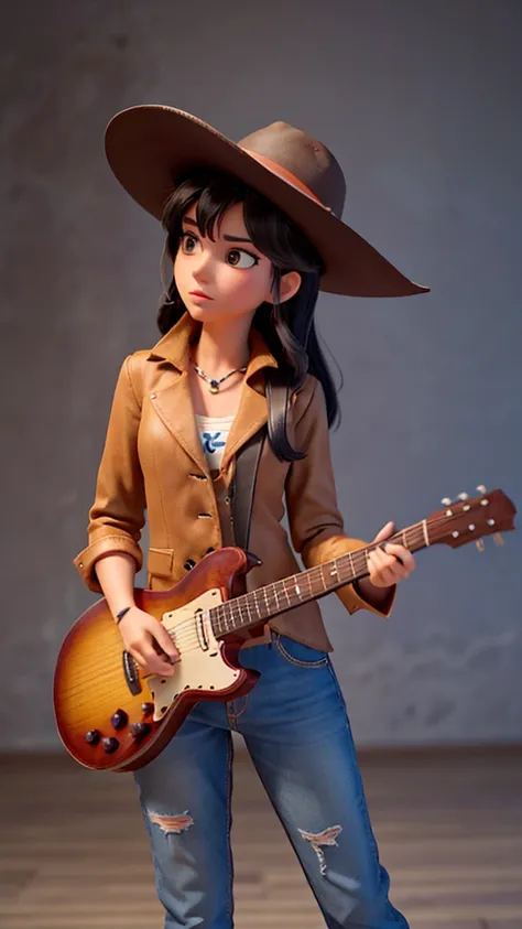 create for me an image of country singer Ana Castela from the front, very pretty, with an 8k hat, black hair and a thin face and dressed as a cowboy, she must be alone in the image and looking straight ahead, straight and with a leather hat black, very thi...