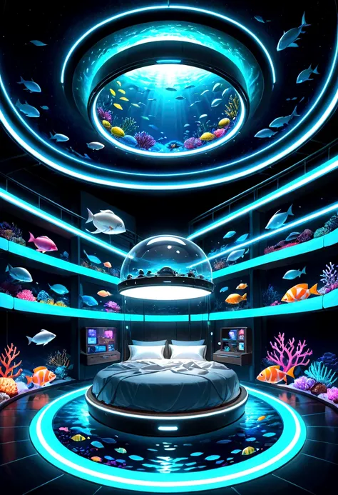 Sea、The sea is spreading、In the sea、Floating on the seabed、A beautiful world of neon lights。A round capsule is floating in the middle of it.。Inside the capsule、There is a bed that emits neon lights.。