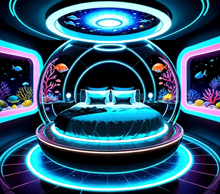 Sea、The sea is spreading、In the sea、Floating on the seabed、A beautiful world of neon lights。A round capsule is floating in the middle of it.。Inside the capsule、There is a bed that emits neon lights.。