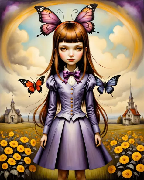 VIOLET BAUDELAIRE LEMONY SNICKET A SERIES OF UNFORTUNATE EVENTS GIRL WITH LONG straight BROWN HAIR PURPLE RIBBON BLUNT BANGS EDWARDIAN VICTORIAN GOTHIC STEAMPUNK INVENTOR origami style in the style of esao andrews,esao andrews style,esao andrews art,esao a...