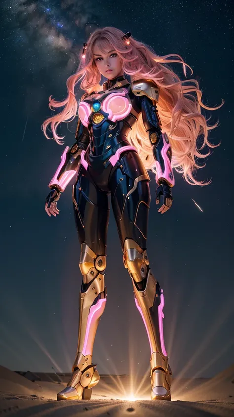 Best quality, masterpiece, awards winning photograph, goddess girl, ((extremely beautiful)), full makeups, pink wavy hair, ((realistic)), ((hair blown by the winds)), glowing pink eyes, ((slim body)), (gold and black luminous mecha armor colors), ((luminou...