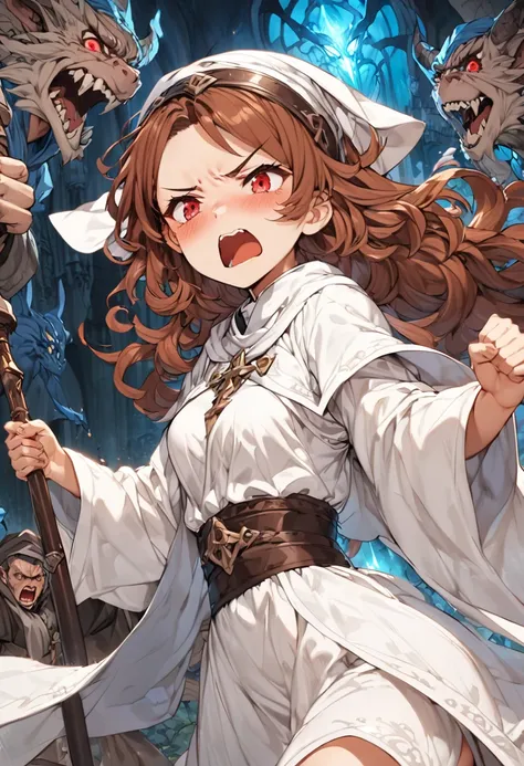 Adult female, average Height, very short brown nair, red eyes, cleric, black on white cleric robes, blushing, angry, tsundere, yelling, fantasy dungeon in the dark, running from monsters, highly detailed, high quality, perfect eyes