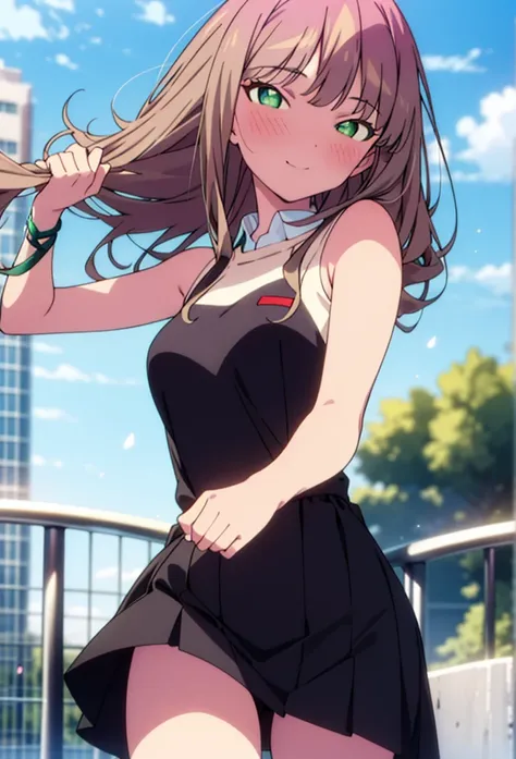 minami yume ,sss Dynazenon ,Long Hair, Brown Hair, (Green Eyes:1.5) ,blush,smile,hair band,Sleeveless shirt,Long skirt,short boots,Daytime,Clear skies,Walking,whole bodyがイラストに入るように,　　　　　　　　　break　looking at viewer, whole body,(Cowboy Shot:1. 5) ,　　　　　　　　　　...