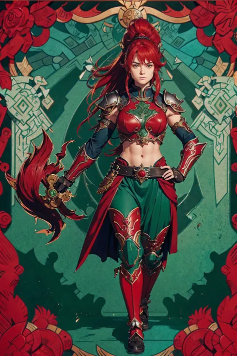 Objective:

Create a unique and striking character featuring a tall individual with scarlet hair, green eyes, and four arms. The character should have an additional mouth on their stomach, with their torso and arms exposed, while wearing samurai armor on t...