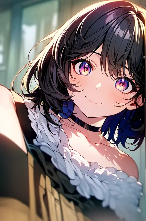 (masterpiece, highest quality, highest quality, (No text), Beautiful and aesthetic:1.2),No text,アニメ、BREAK,One Girl，Black Hair Girl　short hair　older sister　choker　Tree Eyes　Beautiful eyes　Red eyes　cool　smile　Red and Black　Black jacket　mini skirt　whole body　...