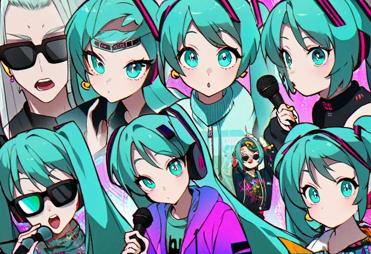 Hatsune Miku、Painting from the neck up、Hold the microphone、Like a raging fire、Eyes with the highest image quality、Beautiful eyes、Vivid Color、Street Style、Cool clothes、Put sunglasses on your forehead、Earrings、sing、Awesome、Raised eyebrows、Brave