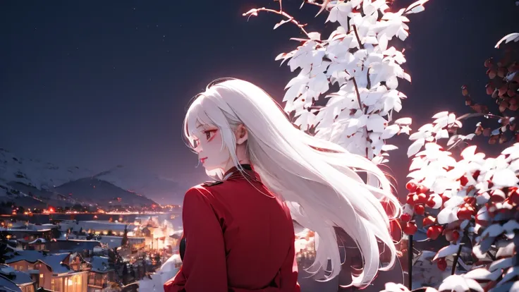 1 Girl, medium light white hair, light white eyes, wearing Red Suit 4D , night TOWN 18+, high res, ultrasharp, 8K, masterpiece, looking from behind