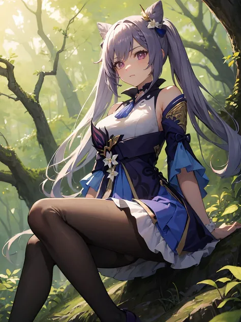 masterpiece, Highest quality, Stingy, Genshin Impact_Keqing, Best Anime, Default attire, detailed, High resolution,in the forest,Sitting,Black Pantyhose,Show the soles of your feet,looking down, low-angle view