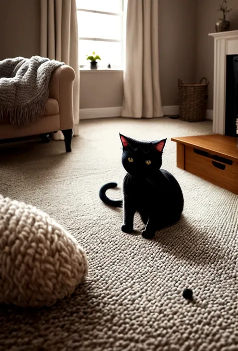 cat black, Playing with wool yarn, on the carpet, inside a living room, with a fireplace in the living room, on a rainy day, showing the rain outside on the living room window