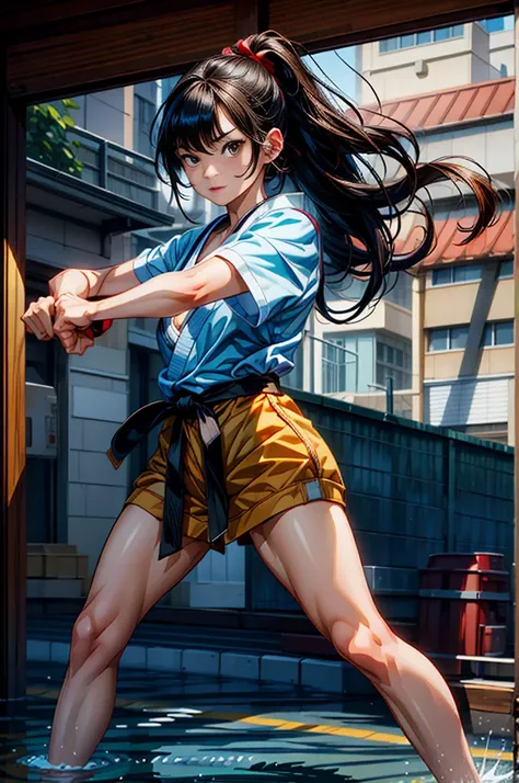 ((best quality)), ((masterpiece)), (detailed), perfect face, 1girl, black hair, brown eyes, karate, fighting pose, looking serio...