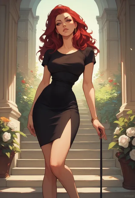 beautiful woman in black shirt and black skirt beautiful red hair