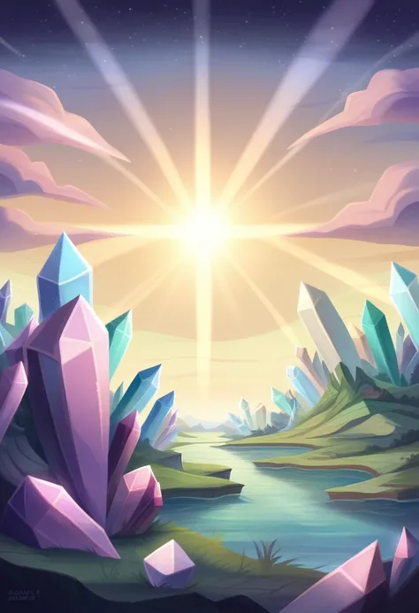 Planet of crystals and gems, (((crystals and gems)), fantasy art alien planet, valley of crystals and salt deposits, a river with crystalline banks runs diagonally, Samdoesarts style. Stunning landscape, Huge scale, soft colors, Muted contrast, very detail...