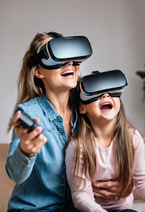 make a woman immersed in virtual reality looking at her daughter in virtual reality with eyes of joy and excitement streaming down her face