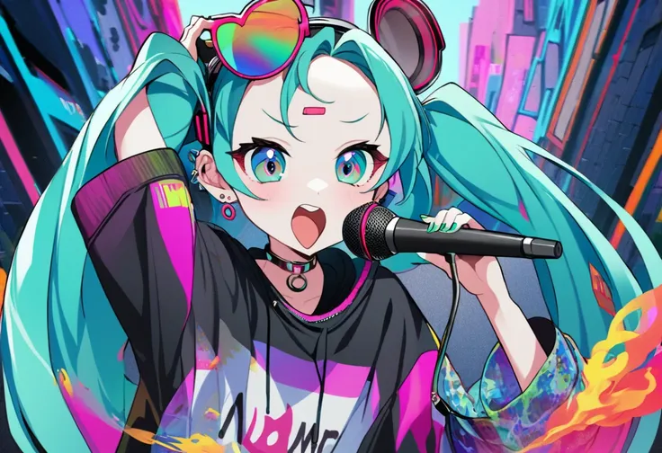 hatsune miku、painting from the neck up、hold the microphone、like a raging fire、eyes with the highest image quality、beautiful eyes...