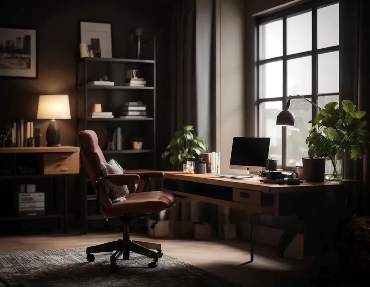 There is a table with a laptop and a chair in a room, home Office interior, home Office, photorealistic cinematic rendering, render in unreal engine 5, unreal rendering of engine 5, functional and elegant look, unreal rendering of engine 5ed, realistic ren...