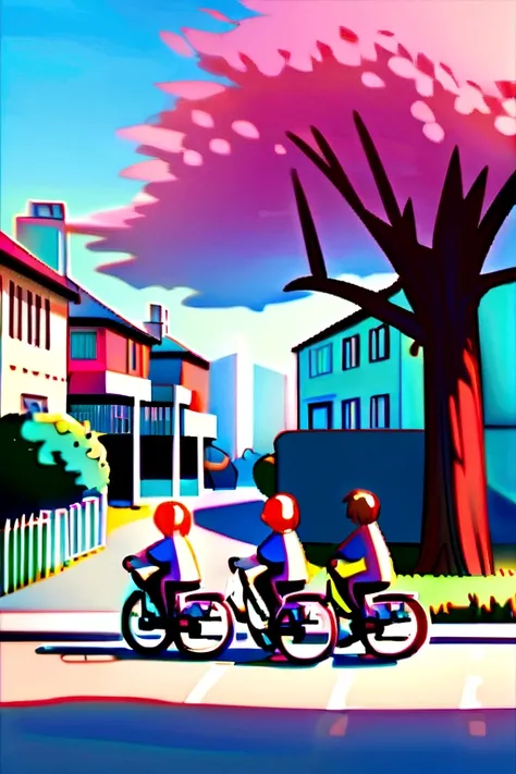 A group of young friends hanging out on a quiet street in a suburban neighborhood. Some are sitting on a curb, while others are standing or leaning on bicycles. The setting includes houses with trees and bushes in the background. The scene captures a relax...