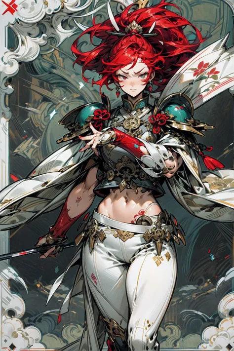 Objective:

Create a unique and striking character featuring a tall individual with scarlet hair, green eyes, and four arms. The character should have an additional mouth on their stomach, with their torso and arms exposed, while wearing samurai armor on t...