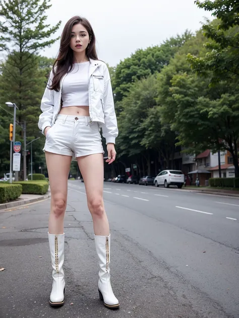 masterpiece,high quality,High resolution,Realistic,White jacket and red undershirt,Young woman with long hair wearing white mini shorts and white cowboy boots,A dignified expression,Park Background,Full Body View,whole body muscular,Perfect Arms,Perfect Le...