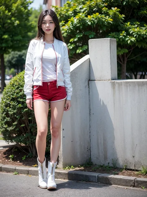 masterpiece,high quality,High resolution,Realistic,White jacket and red undershirt,Young woman with long hair wearing white mini shorts and white cowboy boots,A dignified expression,Park Background,Full Body View,whole body muscular,Perfect Arms,Perfect Le...