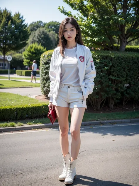 masterpiece,high quality,High resolution,Realistic,White jacket and red undershirt,Young woman with long hair wearing white mini shorts and white cowboy boots,A dignified expression,Park Background,Full Body View,whole body muscular,Perfect Arms,Perfect Le...