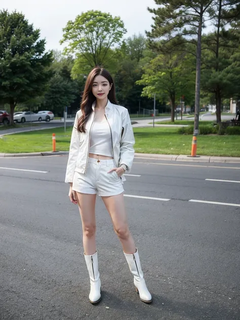 masterpiece,high quality,High resolution,Realistic,White jacket and red undershirt,Young woman with long hair wearing white mini shorts and white cowboy boots,A dignified expression,Park Background,Full Body View,whole body muscular,Perfect Arms,Perfect Le...