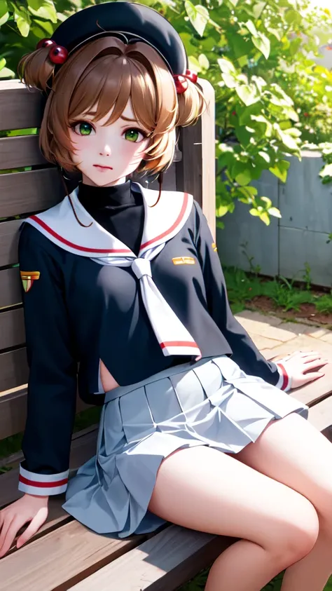 masterpiece, best quality, highres, kinomoto sakura, 1girl, brown hair, short hair, antenna hair, two side up, hair bobbles, green eyes, , white sailor collar, black shirt, long sleeves, white skirt, pleated skirt, sitting, eating, outdoors, bench, food, l...