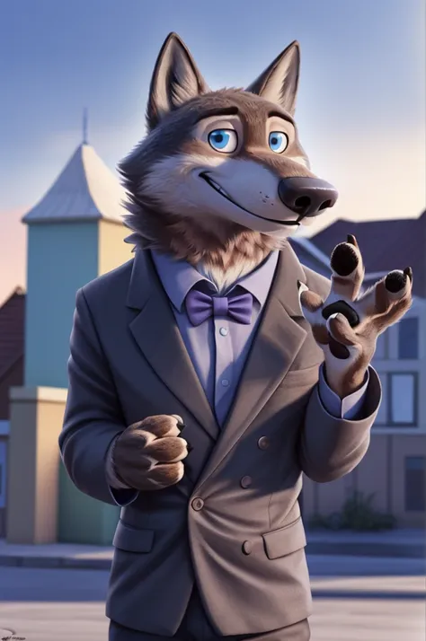 Larry (Zootopia), wolf, Gray Fur, (brown body:1.3), beautiful blue eyes, Zootopia, dressed,blazer,pink shirt,trousers,bow tie, canine,wolf, Detailed fur, male, antro, paw pads, finger claws,одевает bow tie, Plays,at viewer, 5 fingers, paws, 4 toes, in the ...