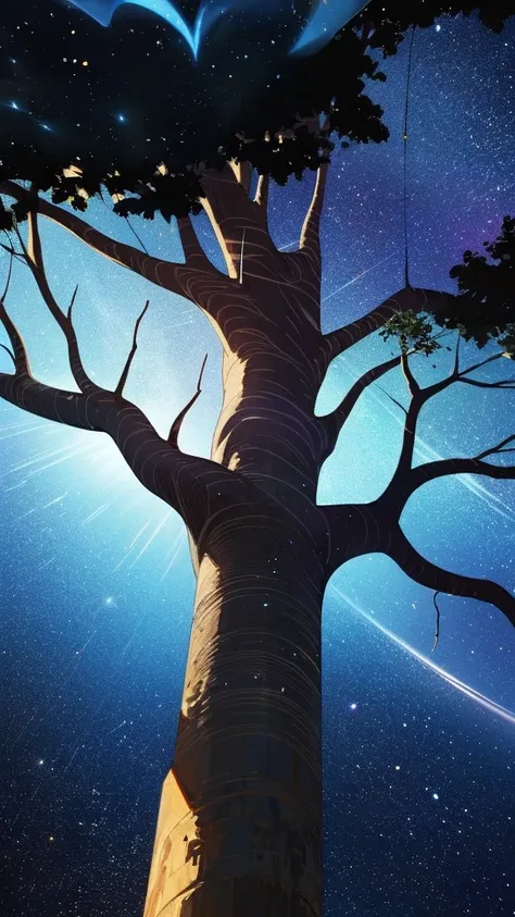 cosmic tree: depict the tree of life as a vibrant, cosmic entity with galaxies and stars as its roots and branches.