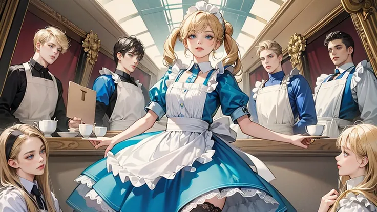 masterpiece, Highest quality, Portraiture, One Girl, (Alice in Wonderland:1.2), Blue clothes, White apron, Blonde, blue eyes, Usagi, Trump, Tea cup, White lace thigh high socks, Miniskirt lift, Dynamic pose,Retro