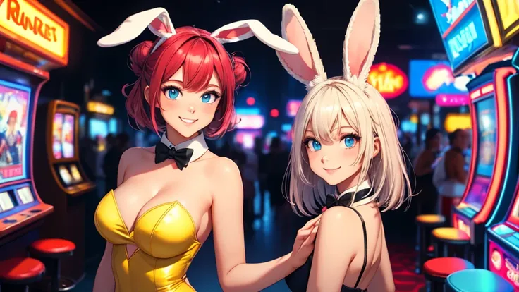 masterpiece, best quality, 1girl, solo, random face and hair style, random hair color, random pose, looking at viewer, breasts, playful, smiling, mature female, collarbone, janeporter, short hair, hair bun, playboy bunny, detached collar, fake animal ears,...