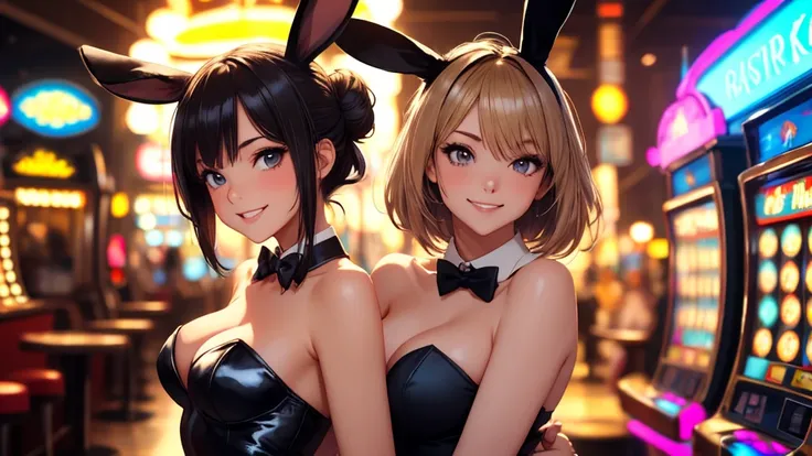 masterpiece, best quality, 1girl, solo, random face and hair style, random hair color, random pose, looking at viewer, breasts, playful, smiling, mature female, collarbone, janeporter, short hair, hair bun, playboy bunny, detached collar, fake animal ears,...