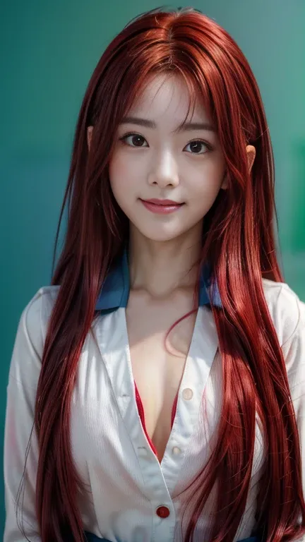 girl, masterpiece, Highest quality,(Japanese women:1.2)、(White shirt:1.5)，(Round face:1.5）,(smile)、(A good attitude:1.5)、(Good size chest:1.5)、(Long red hair with blue inner color:1.5)