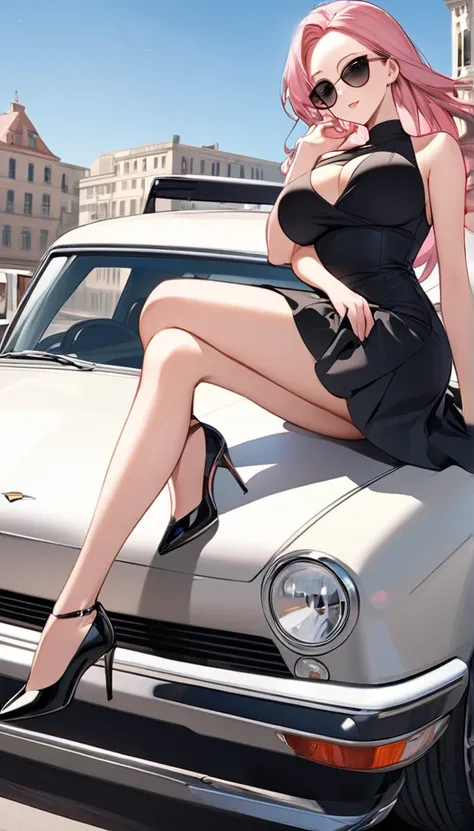 woman, pink hair, long hair, open forehead, no bangs, blue eyes, big breasts, black dress, short dress, elegant dress, black sunglasses, sitting on the hood of a car, black heels