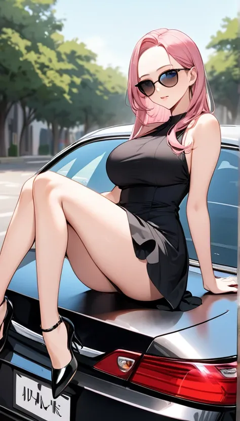 woman, pink hair, long hair, open forehead, no bangs, blue eyes, big breasts, black dress, short dress, elegant dress, black sunglasses, sitting on the hood of a car, black heels