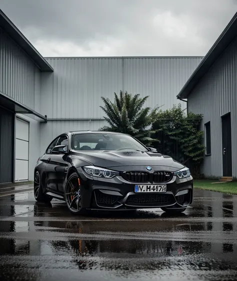 A black bmw m4 in rain