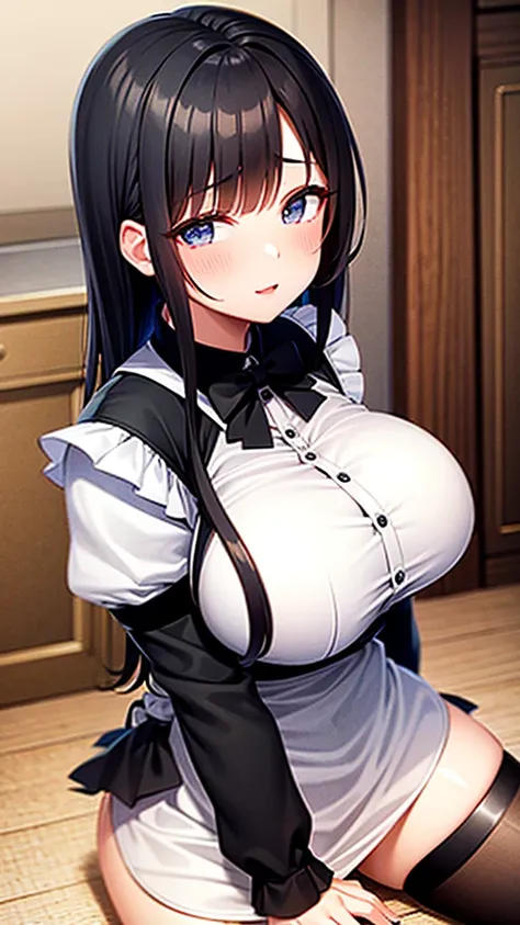 Black Hair Maid、Big Breasts、Panty shot、White Pants、sitting