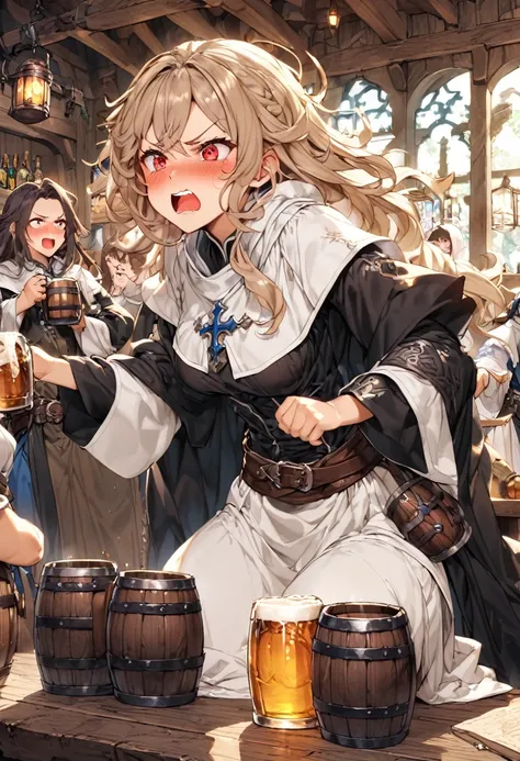 Adult female, average Height, very short brown nair, red eyes, cleric, black on white cleric robes, blushing, angry, tsundere, yelling, drunk, drinking from tankard, fantasy tavern, highly detailed, high quality, perfect eyes