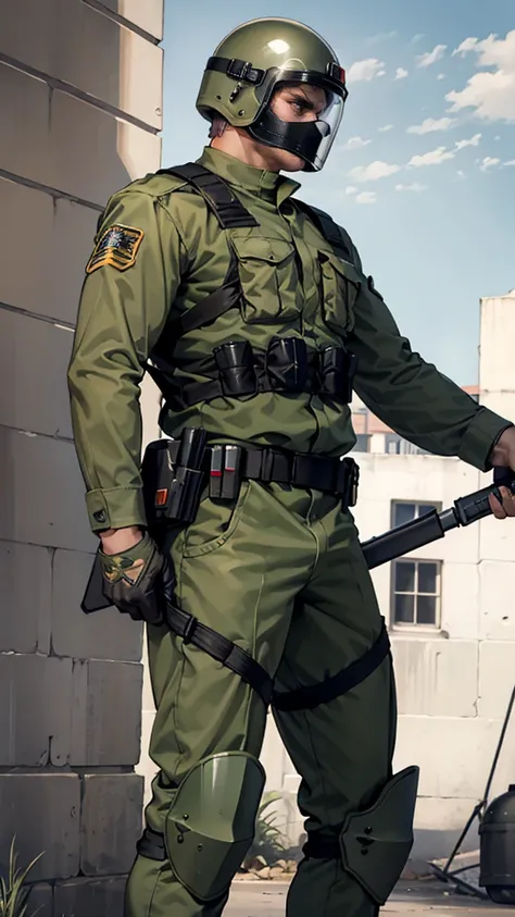 olive green armed guard with helmet and riot shield looking angry at me