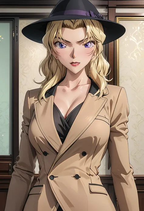 (black stockings, brown jacket, lady hat：1.3），perfect body, blonde hair，（anime, ,masterpiece, accurate,high quality,best quality...