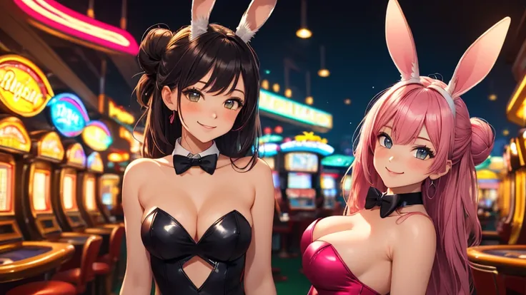 masterpiece, best quality, 1girl, solo, random face and hair style, random hair color, random pose, looking at viewer, breasts, playful, smiling, mature female, collarbone, janeporter, hair bun, playboy bunny, detached collar, fake animal ears, rabbit ears...