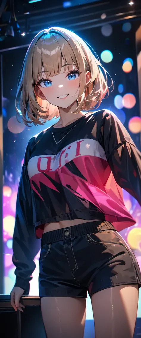 (((One girl))), blond hair, bob cut, breasts, from front, (cowboy shot), (looking at viewer), ((black shorts)), ((black cropped shirt)), Casual Stance, arm at side, face in focus, teenager, head tilt:1.3, (((blue eye))), ((happy smile)), ((sleeves past wri...