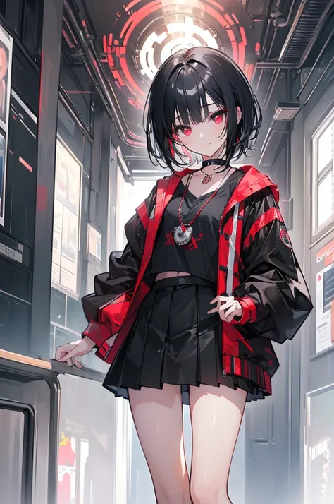 (masterpiece, highest quality, highest quality, (No text), Beautiful and aesthetic:1.2),No text,アニメ、BREAK,One Girl，Black Hair Girl　short hair　older sister　choker　Tree Eyes　Beautiful eyes　Red eyes　cool　smile　Red and Black　Black jacket　mini skirt　whole body　...