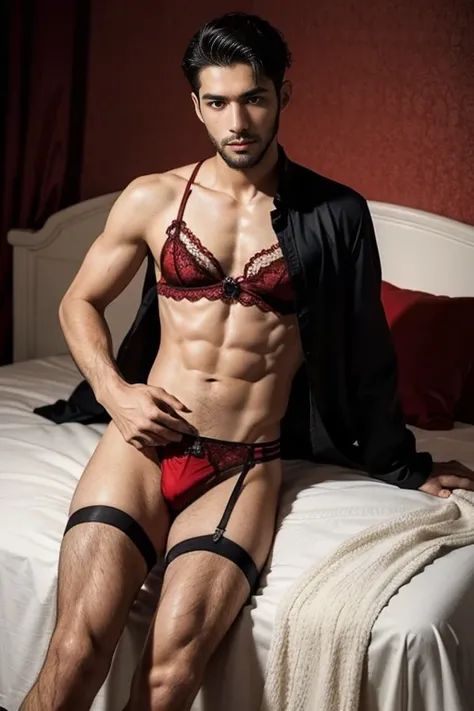 1 15 year old boy, latino young man,3 days beard,Skinny,youngster,normal body , slavery , red sheer lace lingerie ,,intense look ,cover photo, Instagram Template, perfect hands , whole body