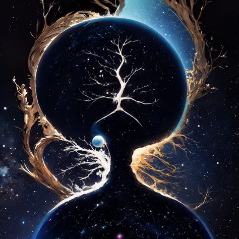 Cosmic Tree: Depict the Tree of Life as a vibrant, cosmic entity with galaxies and stars as its roots and branches.