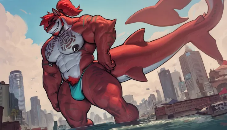 bright red colored bara shark, white countershade, red skin, large plump hairy pecs, strong physique, tribal tattoos, scarlet samurai hair in ponytail, cyan colored eyes, black sclera, very muscular, perfect anatomy, scars on body,nipple piercings, solo, m...