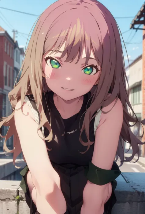 minami yume ,sss dynazenon ,long hair, brown hair, (green eyes:1.5) ,blush,smile,hair band,sleeveless shirt,long skirt,short boo...