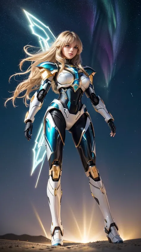 Best quality, masterpiece, awards winning photograph, goddess girl, ((extremely beautiful)), full makeups, white wavy hair, ((realistic)), ((hair blown by the winds)), sharp eyes, ((slim body)), ((gold and black mecha armor)), ((blue luminous lights mecha)...