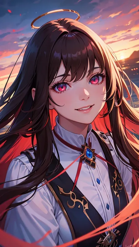 a beautiful detailed girl with long brown hair and bangs,extremely detailed blue and red eyes,a pink halo,big dark vampire wings,smiling,high quality,8k,photorealistic,ultra-detailed,realistic portrait,cinematic lighting,dramatic colors,dramatic atmosphere