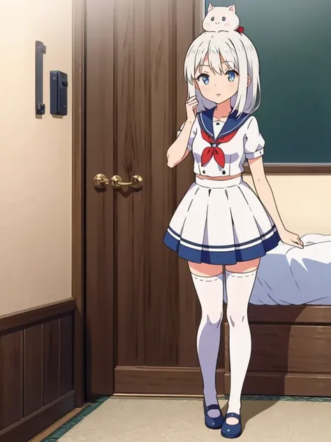 1 white-haired girl with ribbon decorations on her head, blue eyes in school mini skirt navy Women with white stockings at home