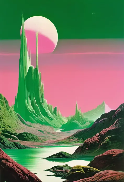 Main colors: pink, Green and White，Chesley Bonestell&#39;style，Depicting an adventurer wandering an alien desert under the light of a giant ，moon，The screen contains dynamic elements，Like flying dust、Distant alien plants and strange objects in the sky，Use ...